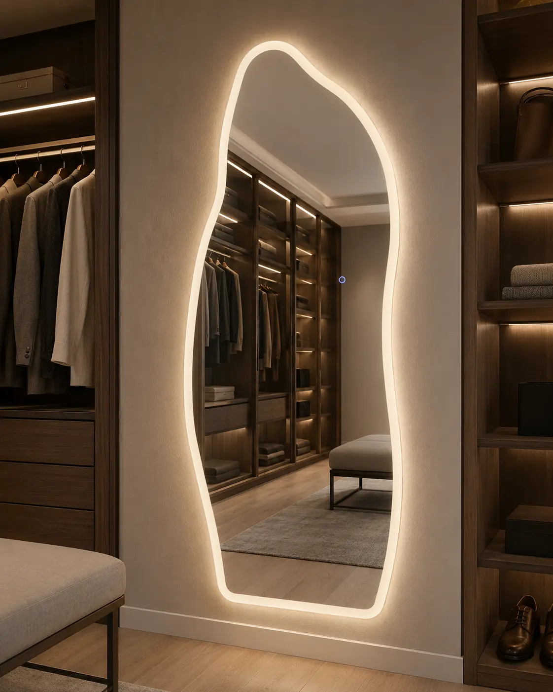 65" x 25" Irregular Organic LED Full Length Wall Mirror, Modern Asymmetrical Tempered Glass Dressing Mirror with 3 Color Lighting, Dimmable Touch Control for Bedroom Closet Entryway