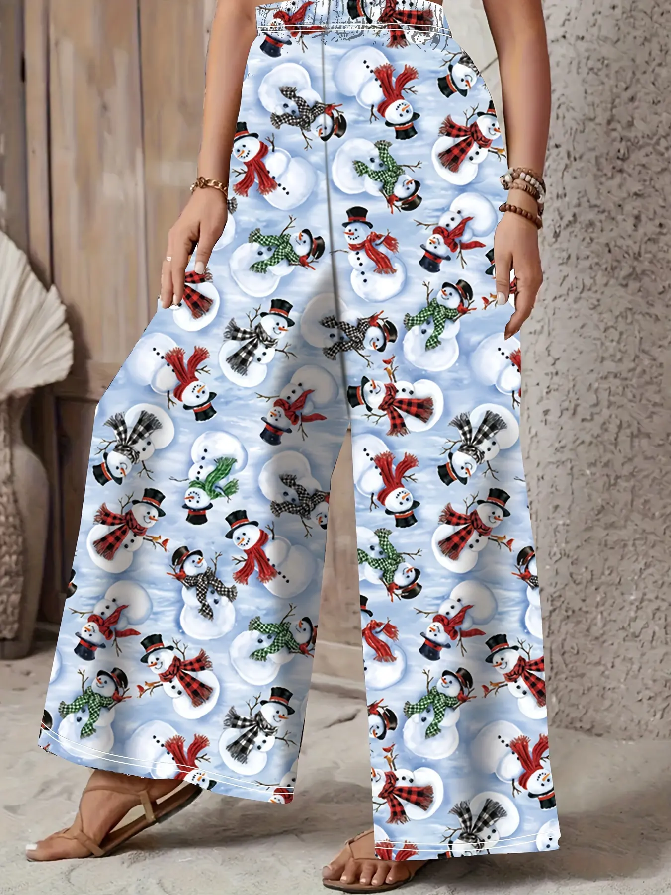 Plus Size Women's Christmas High Waist Cute Snowman Print Wide Leg Pants, Casual Home Wear, Perfect for Daily Use and Holidays