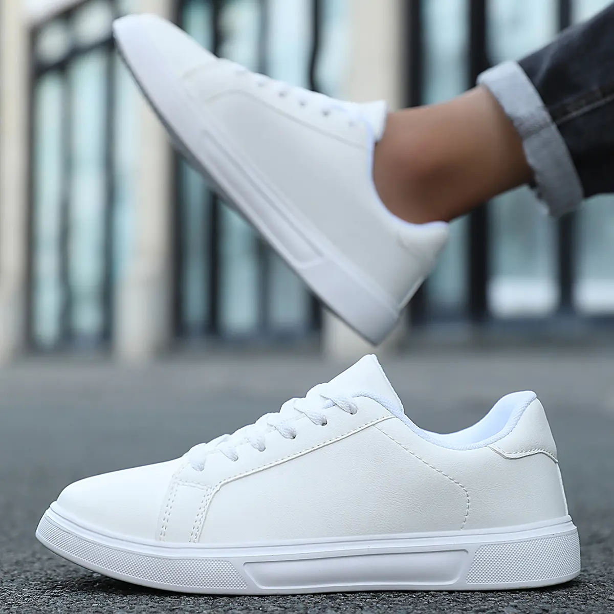 Women's White Leather Low-Top Sneakers - Gold Chain Accent with Raw Hem Denim for Casual Street Style, Year-Round Shoes for Women​