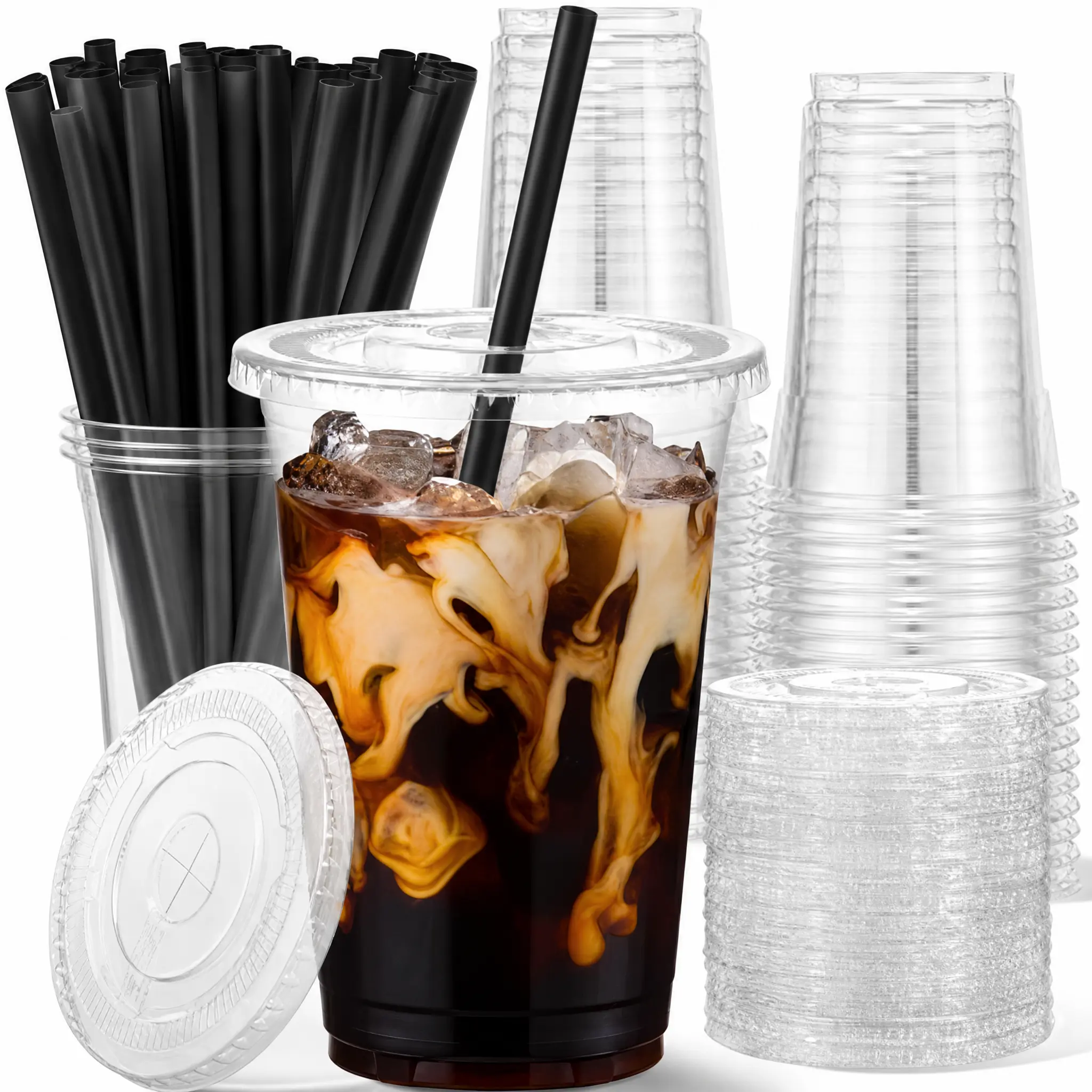 16 oz disposable plastic coffee cup Mexican cup beverage Straw Cups Clear Cups With Lids and black straw 【new flat bottomed style】