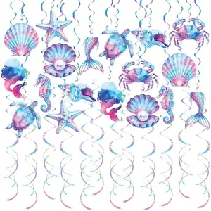 CC wonderland zone 48Pcs Mermaid Birthday Decorations Under The Sea Party Supplies Ocean Themed Decor with Hanging Swirls and Banners for Girls Baby Shower