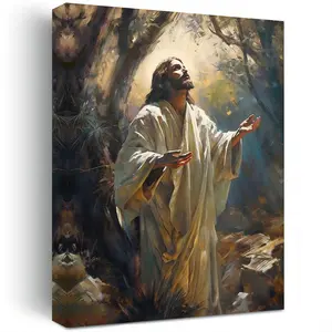 One tranquil Gethsemane Garden canvas wall art piece - an inspiring scene of Jesus praying, religious decoration, pine frame, suitable for hanging in living rooms, bedrooms, and classrooms - vertical, for indoor use.
