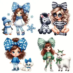 Cartoon Girl & Animal Pattern Heat Transfer Sticker, 4 Counts/set Iron-on Transfer Patch, DIY Craft Clothing Decoration for T-shirt, Jeans, Backpack