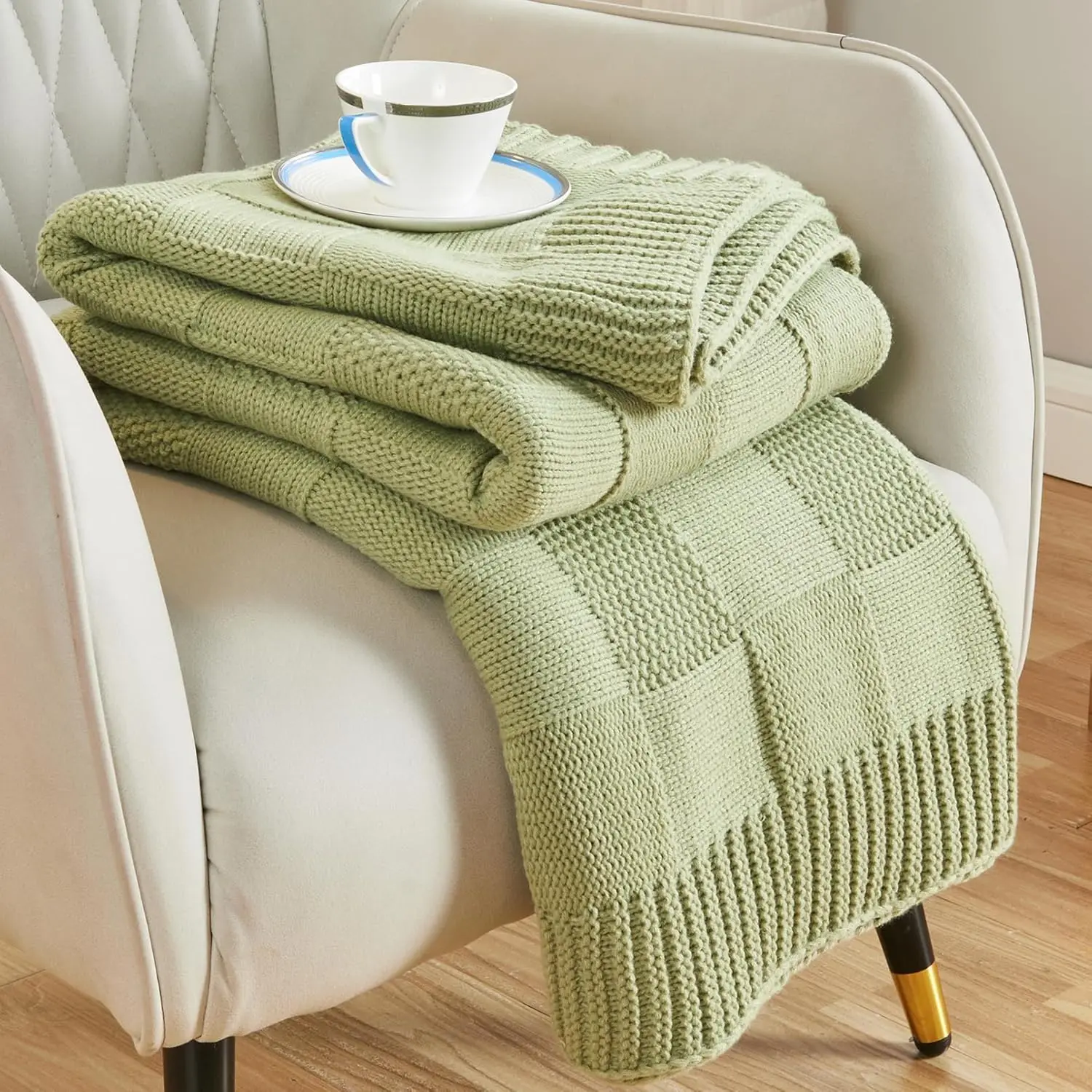 Check Knit Throw Blanket, Sage Green Checkered Throw for Couch, Decorative Christmas Soft Cozy Warm Knitted Blanket for Bed Sofa Living Room, 50"X60"