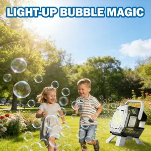 Upgraded desktop bubble machine auto rotate RGB colorful lights large bubble output for kids 3+ ideal for party and outdoor activities boxed with 500ML bubble solution mix with 500ml water requires 4 AA batteries