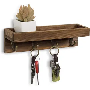 10 Inch Floating Wall Shelf with Hooks, Dark Brown Wood Entryway Storage Shelf with 4 Metal Key Hooks
