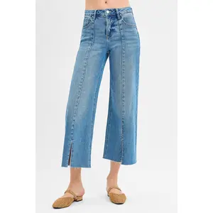 RISEN Tummy Control Mid Rise Crop Wide Front Slit Jeans