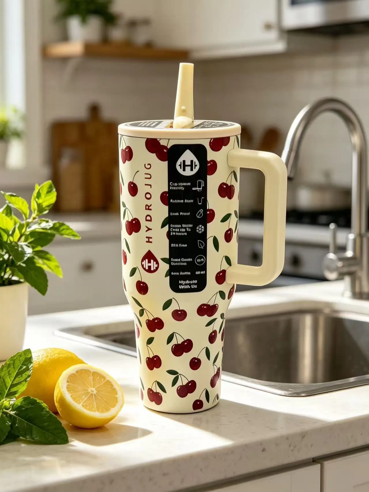 HydroJug 40oz Insulated Stainless Steel Flip Tumbler Vacuum Flask - Cherry Print, Cream Handle, Flip Straw Lid, Leakproof, Cup Holder-Friendly, Anti-Scalding Modern Fruit Mug for Summer Use