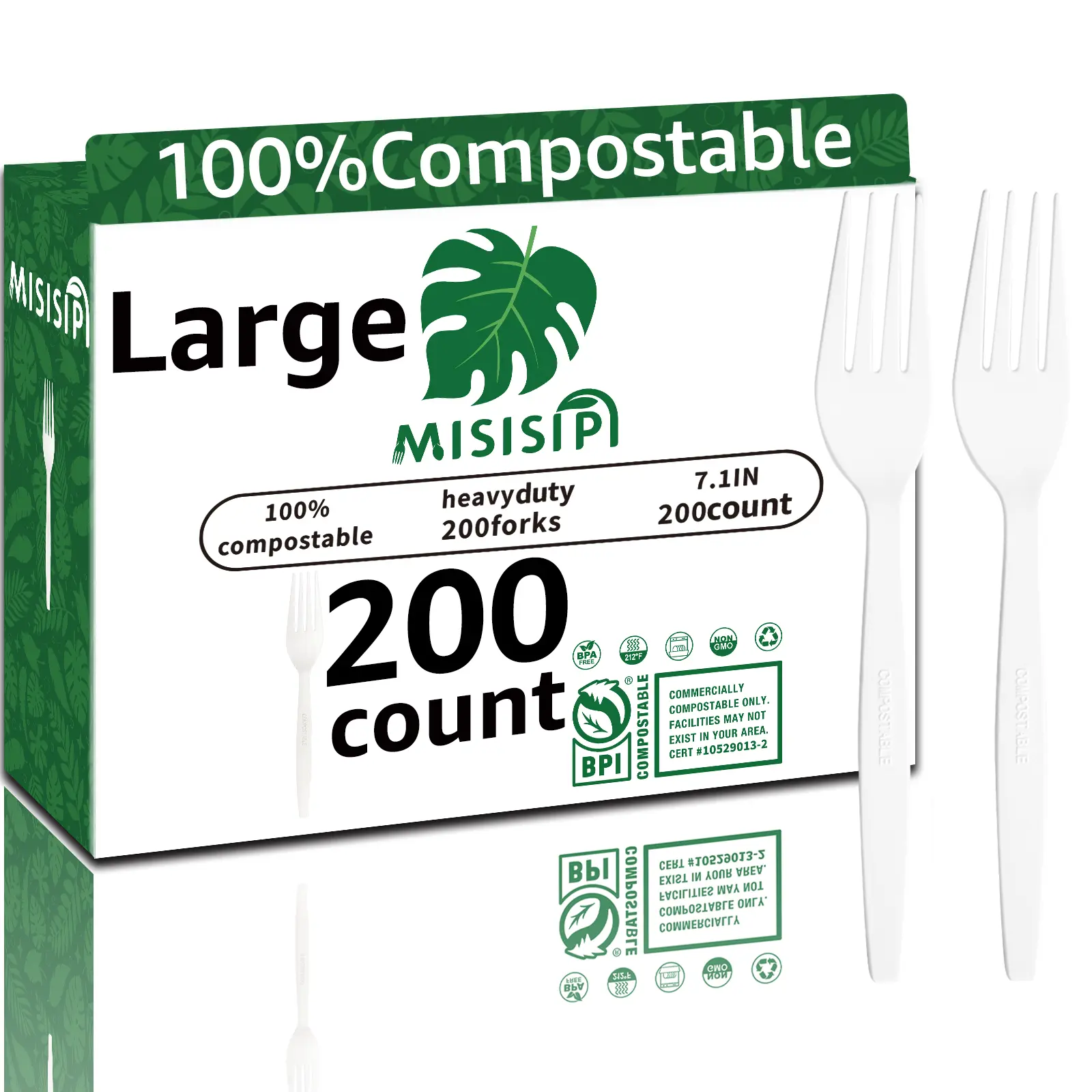 200PCS 7IN 100%Compostable Forks  Set All Natural USA Corn Plant Based Large  Spoons Set Extra Large Heavy Duty Plastic-Free Disposable Forks for Party BBQ Banquet Wedding Picnic.(Inclound 200Forks)