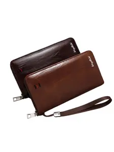 Men's Long Zipper Business Style Wallet, Vintage Leather Multi-Card Slot Large Capacity, Fits Phone with Wrist Strap, Business Casual Daily Use