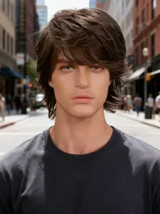 Men's Brown Layered Shaggy Wig with Natural Hairline - Heat Resistant Synthetic Wig for Daily Wear & Cosplay, Trendy Medium Length Textured Wig for Festival parties and Christmas, Snug Fit Wig, Synthetic Material Wigs