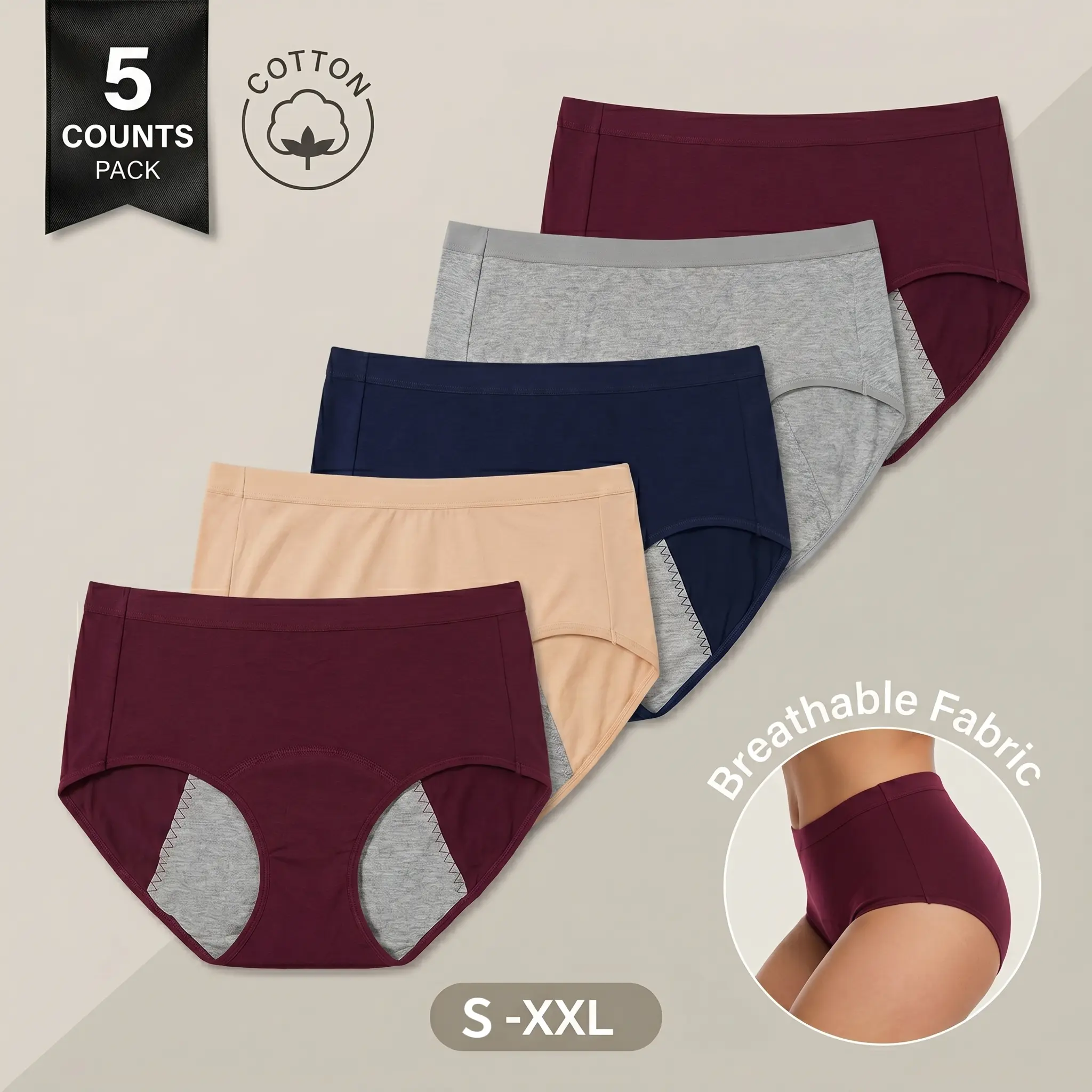 5-Pack Women's Soft Period Underwear, Leak Proof Breathable Menstrual Panties Belt Essential 5-Pack Women's Soft Period Underwear, Leak Proof Breathable Menstrual Panties Belt Essential
