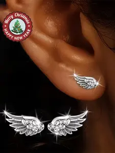 Sparkling Angel Wing Stud Earrings - Zinc Alloy with Stainless Steel Posts, Durable Jewelry for Daily Wear, Hypoallergenic Cubic Zirconia, Christmas Gifts, Holiday Parties, Teenager Sustainable Gifts