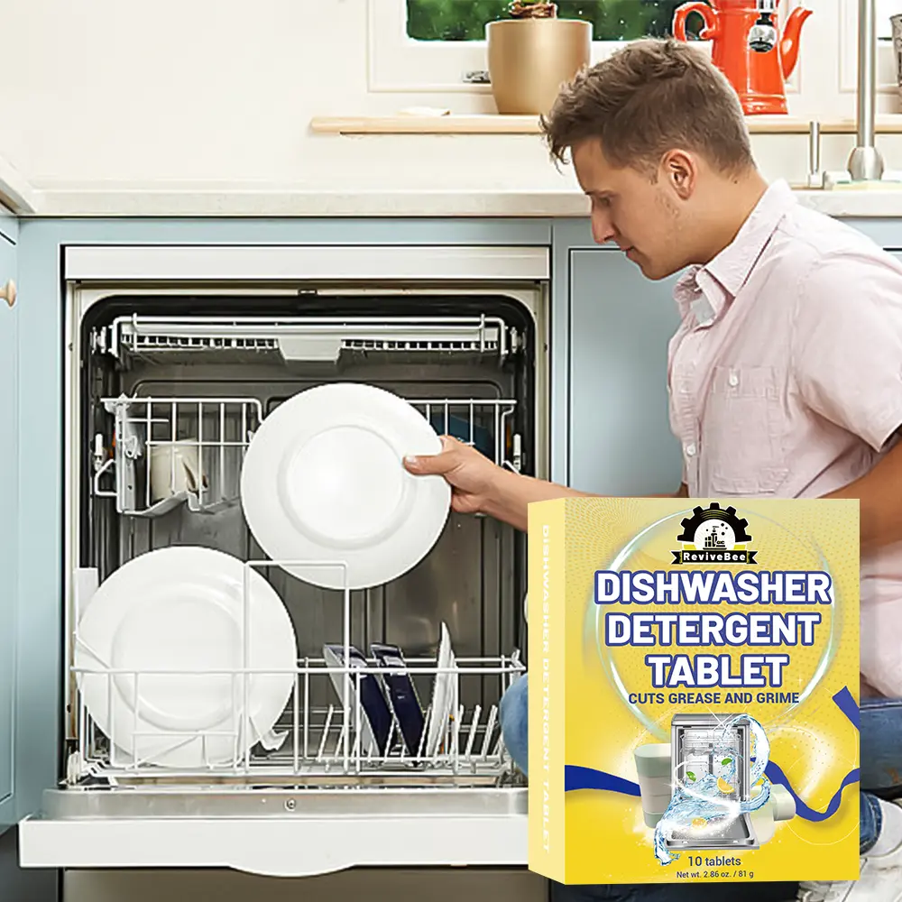 Dishwasher-specific cleaning tablets, remove grease and limescale, prevent residues, gently clean porcelain without leaving marks, easy to use, suitable for daily kitchen cleaning, 10 tablets per box