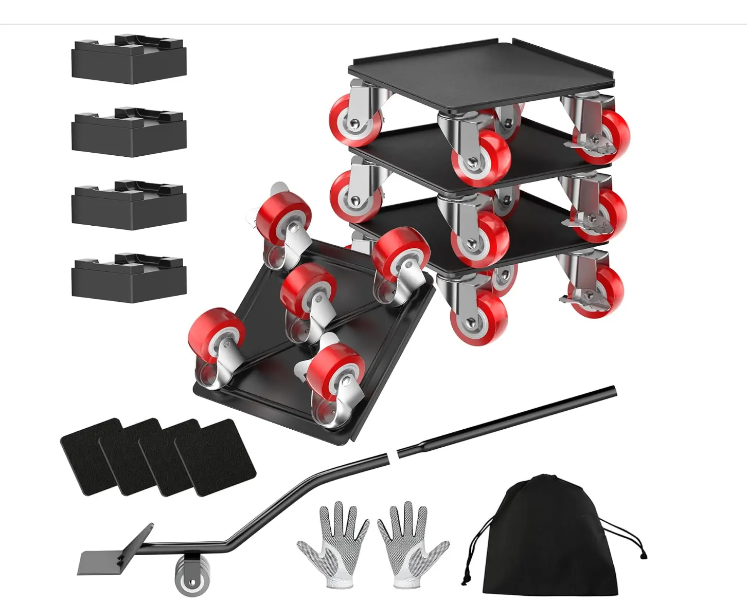 LOYAL TIGER Heavy-Duty Furniture Dolly & Lifter Set, 1500lb Capacity, 5-Wheel Carbon Steel Locking Casters with Stability System, Dual Brakes, Anti-Slip, 5.4in Red, for Tile/Concrete Floors & Appliances (1 Set)