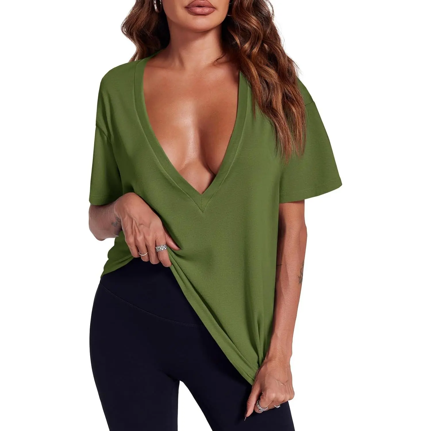 Tankaneo Womens Sexy Deep V Neck T-Shirts Summer Short Sleeve Tops Casual Loose Fit Basic Tees