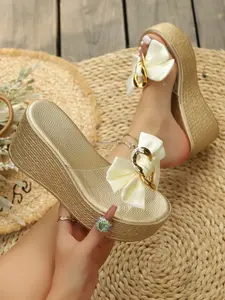 Women's Bow Decor Wedge Slide Sandals, Open Toe Transparent Strap, Platform Sole, Slip On, Plus Size Friendly, Height Boost, Beach Vacation, Outdoor Walk, Casual Daily Footwear