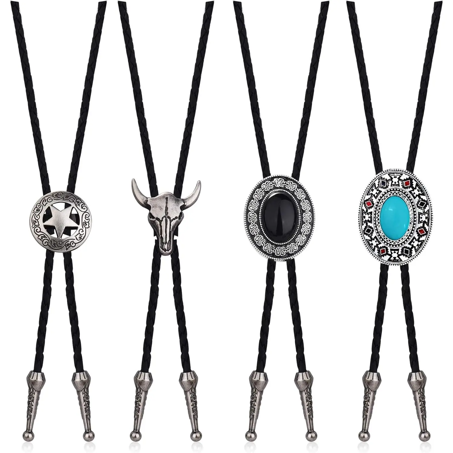 4-Piece Bolo Ties for Men Women, Handmade Braided Leather Rope with Adjustable Alloy Slide Clip, Cow Skull Tie Design for Halloween, Christmas, Birthday Gifts, Friend, Son, Brother, Thanksgiving, Valentine's Day, Western Style, Anniversary, Cowboy Look, A