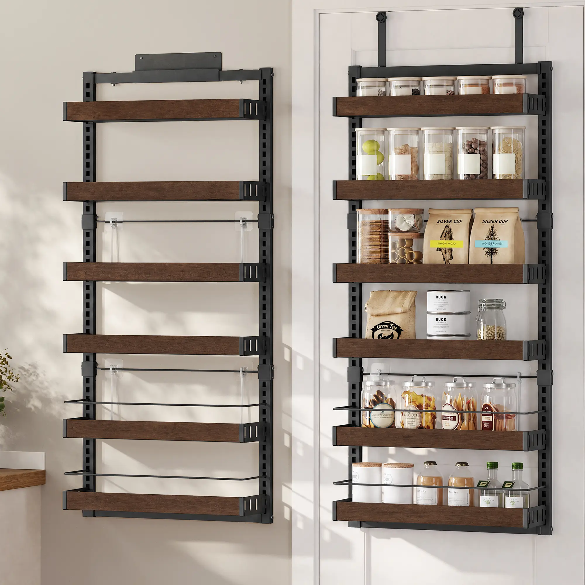SONGMICS 6-Tier Over the Door Pantry Organizer, Adjustable Wire Frame Spice Rack with Anti-Tipping Design, Wall Mount Pantry Storage Solution