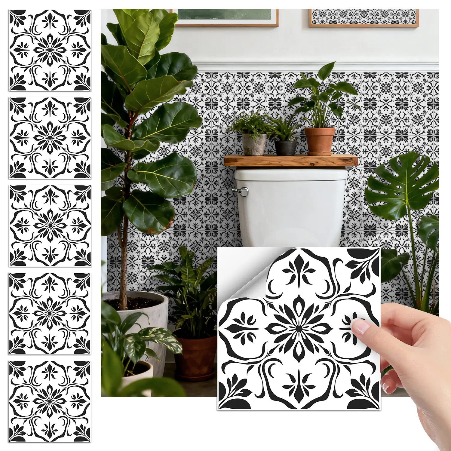 24PCS/Box FHZ Classic Art Tile Stickers | Retro Baroque Black-White Carved Geometric Pattern Matte PET Multi-Thickness | Peel & Stick Waterproof Oil-Proof Kitchen Backsplash Decor