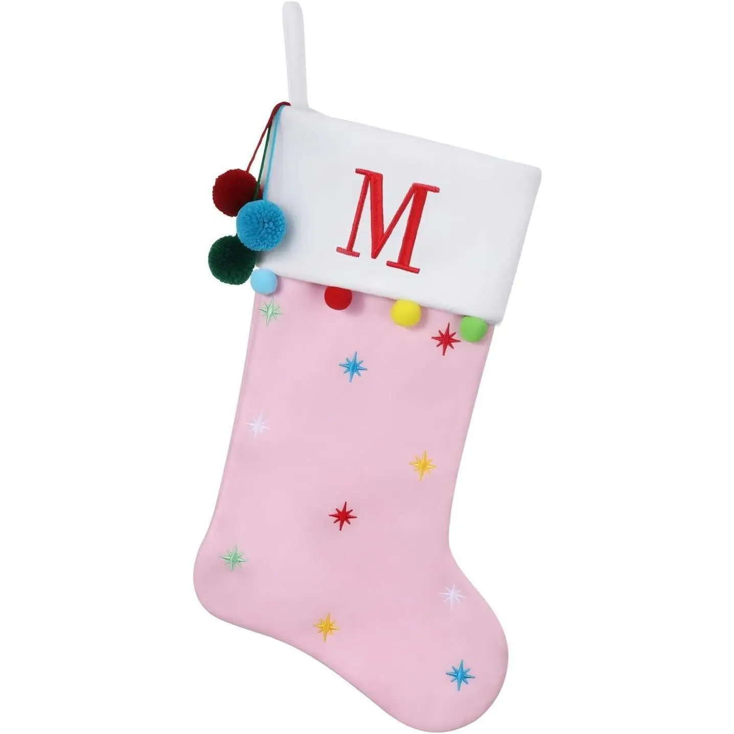 19 Inch Personalized Monogram Initial Christmas Stocking, Embroidered Fleece Stockings with Stars & Pom Poms, Holiday Fireplace Decor for Xmas Party, Festive Gift- Letter M