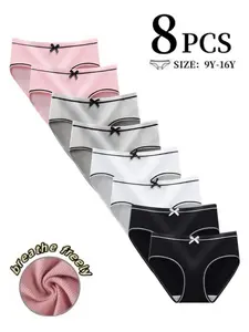 8-Pack Girls' Cute Bow Stripe Triangle Underwear, Comfortable Breathable Sports Panties, Youth Underwear, Suitable for Students and Teens, All Seasons,9-16Y