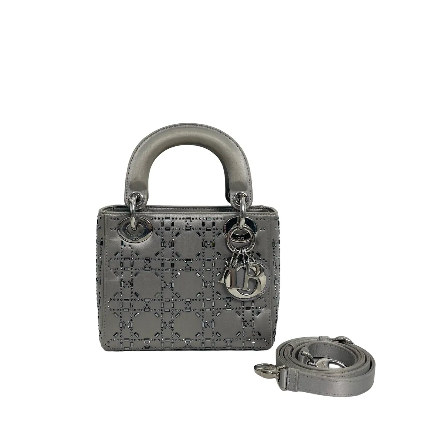Pre-owned stain handle bag Dior Lady Dior Cannage Embellished Leather Mini Bag in Metallic Silver