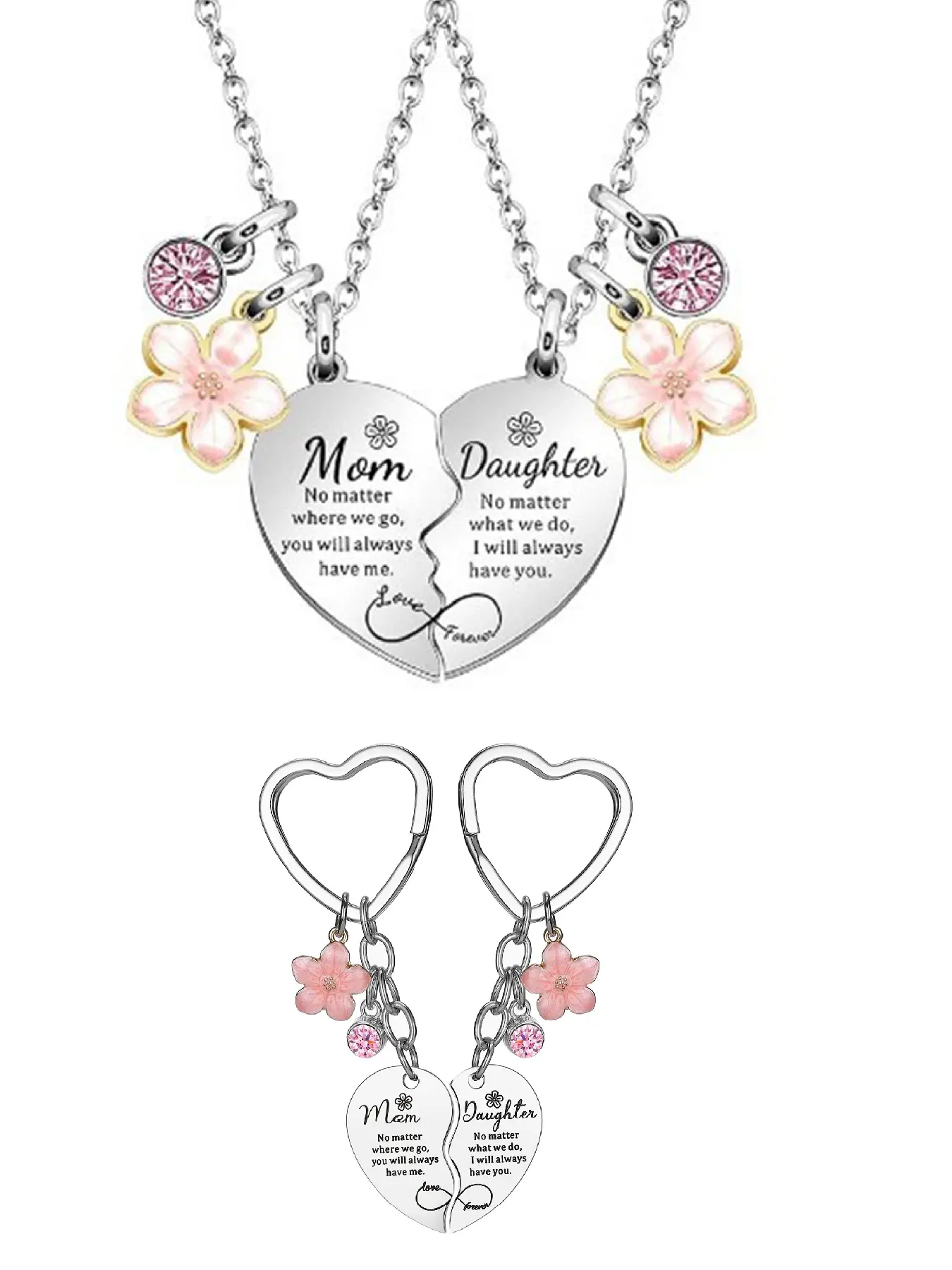 Eternal Love Mom and Daughter Necklace Heart Flower Pendant Necklace and Keychain Set Mother's Day Gift from Mom to Daughter Mother's Day Gift from Daughter to Mom