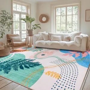 Colorful Distressed Floral Rug, Machine Washable & Non-Slip Vintage Area Rug for Lived-In Luxury Bedroom and Maximalist Living Room-S