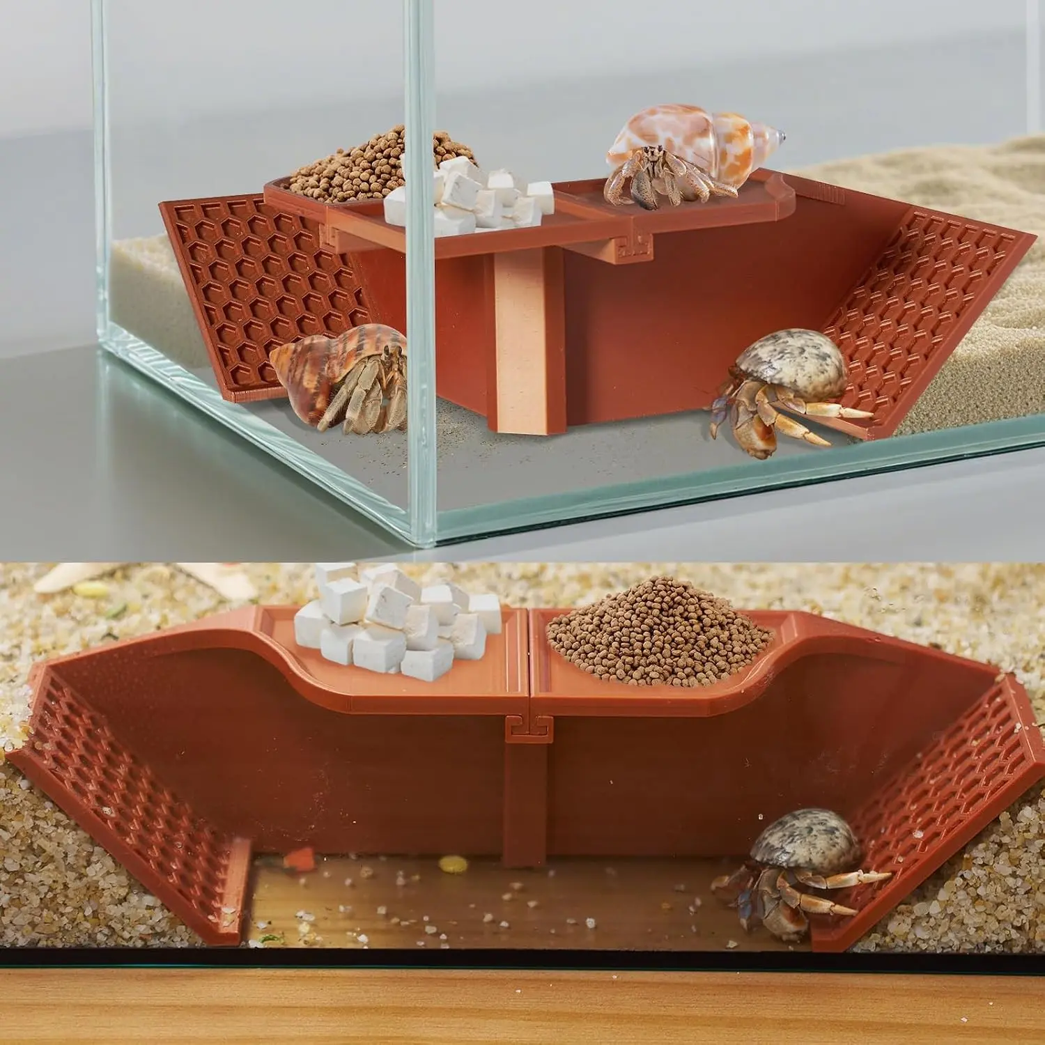 Hermit Crab Underground Hideout Cave Corner, 3 in 1 Habitat Shelter with Food Bowls, DIY Hermit Crab Climbing Toy Accessories (Brown)