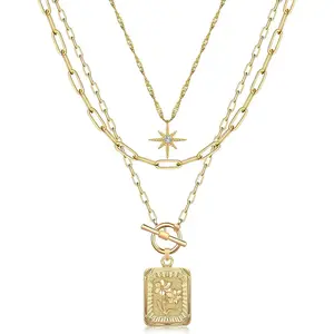 Layered Necklaces for Women Trendy, 14K Gold Plated Brass Simple Star Choker Square Flower Pendant Necklace, Paperclip Chain Necklace, Gold Necklaces Jewelry Gifts