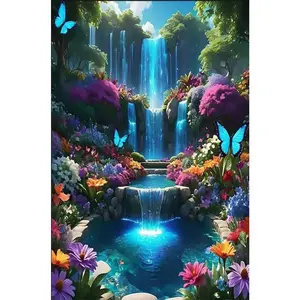1PCS Magical Waterfall Garden Diamond Painting Kit with Colorful Flowers and Butterflies for Home Decor D