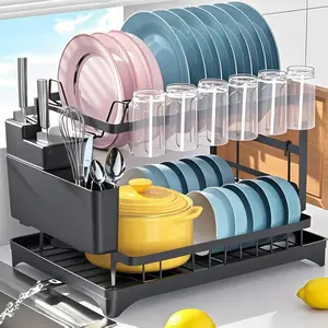 2 Tier Stainless Steel Dish Drying Rack Kitchen Counter Dish Drainer with Drainboard for Plates Cups Knives