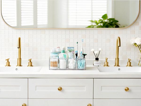 Vtopmart 6 PCS Bathroom Countertop Organizer, 1 Divided Tray with 4 Qtip Holder Jars and 1 Drawers, Restroom Clear Organizers for Toothbrush, Cotton Pads, Vanity Accessories Storage Set, DealsForYouDays (Mid Year Sale Restock), Home Decor, DFYD