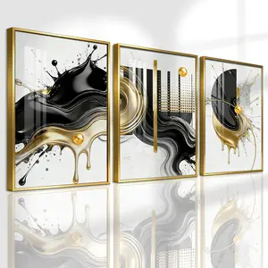 3 Counts Aluminum Alloy Framed Painting, Abstract Black And Gold Fluid Art Pictures, Home Decoration For Living Room, Bedroom, Office, Restaurant, Hallway Wall Decor, Odorless Print Artwork, Luxury Perfect Gift For Friends And Family
