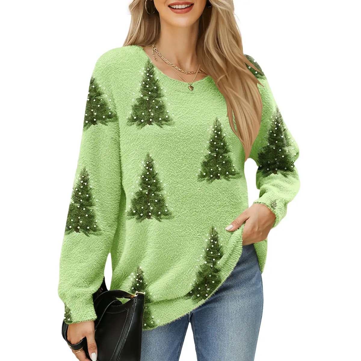 ETCYY Women's Christmas Knit Cardigan, Casual Vintage Sweater with Xmas Tree Print, Long Sleeve Button-Up Crewneck Outerwear for Fall Winter, Knitwear, Tops Womenswear, Knitting, Crew Neck, Waffle Knit, Nylon, Acrylic