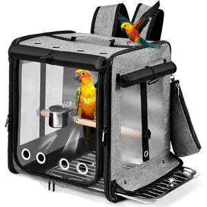 Bird Carrier with Seat Belt for Car Travel, Bird Backpack Carrier with Indestructible Stainless Steel Mesh, Large Bird Carrier Travel Cage, Grey