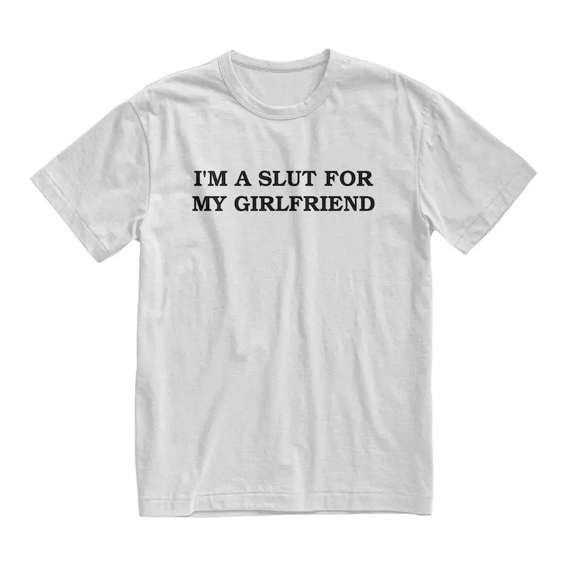 Women's Unisex Funny Couple Graphic T-Shirt - "I'm A Slut For My Girlfriend" Slogan, Shortsleeve Round Neck Cotton Blend Casual Top, Soft All-Season Machine-Washable Valentine's Day Wear, Valentines Day