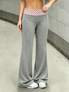 Women's Polka Dot Fold-Over Waistband Wide Leg Pants, High Waisted, Soft Stretchy Flowy Palazzo Trousers, Y2K Casual Streetwear