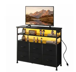45 inch TV Stand, 6-Drawer Fabric Dresser with LED Lights and Charging Station, Entertainment Center for Bedroom Living Room Hallway, Black