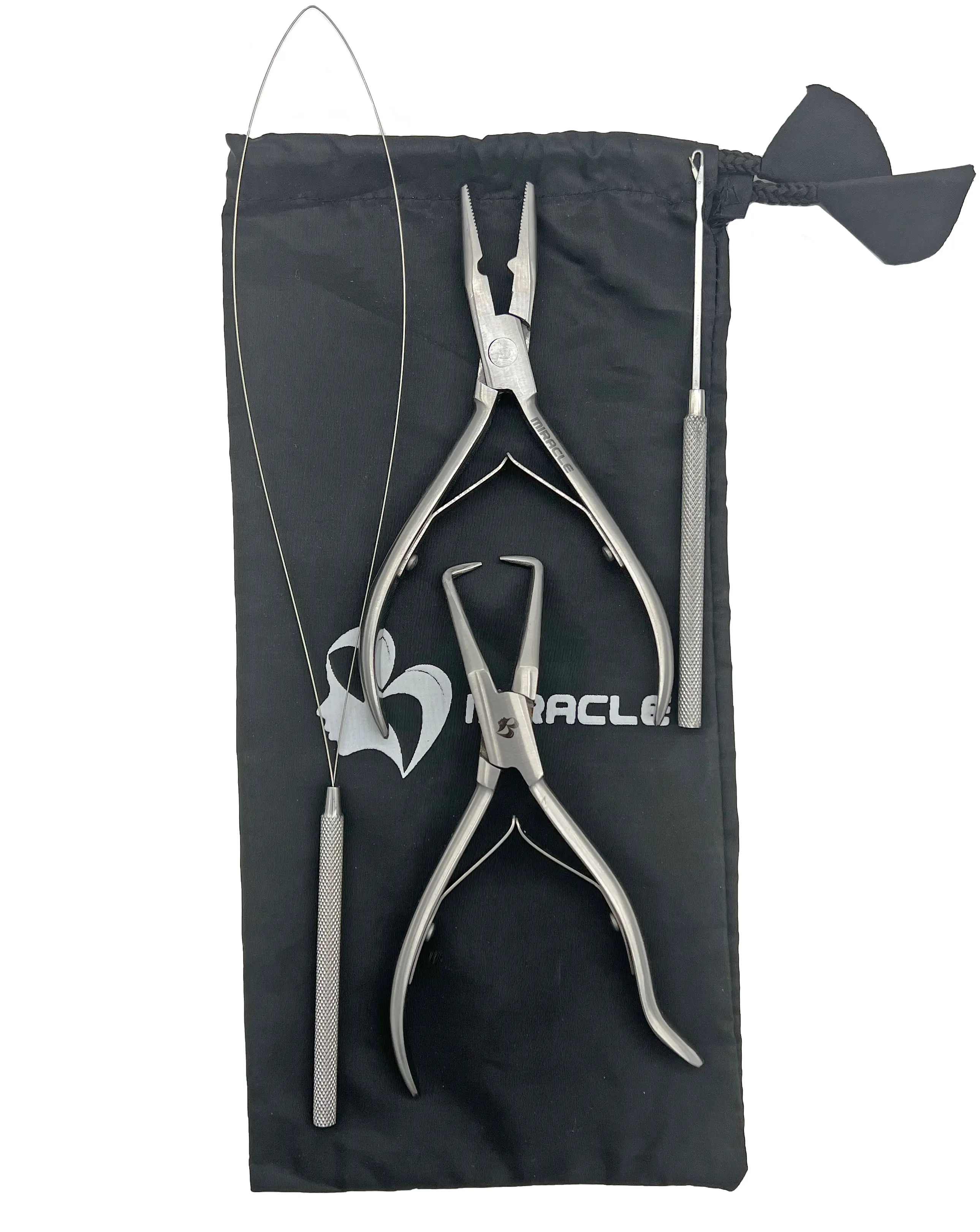 Miracle 4pc Hair extension pliers Kit, a needle hook, and a loop wire for beading. Durable Haircare Heatless Salon Handle Steel Ergonomic Design