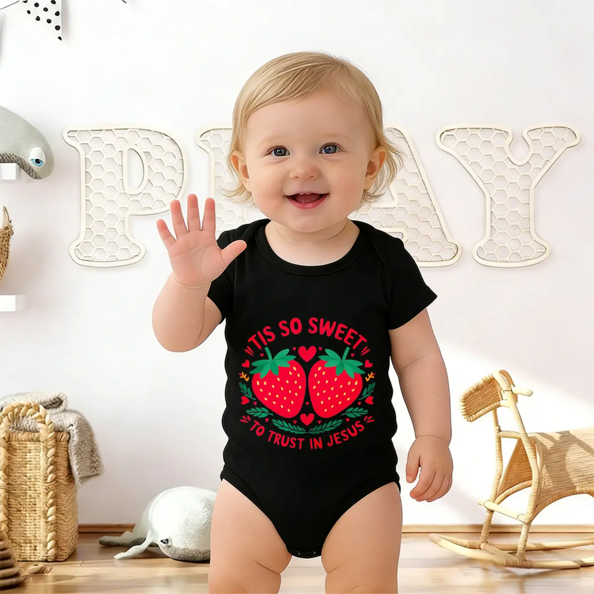 Tis So Sweet To Trust In Jesus Print Onesie Crew Neck Short Sleeve Bodysuit | Soft Comfortable Cotton Fabric Toddler Size For Newborn Casual Wear New Born, Baby Shower Gift