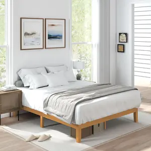 Wood Bed Frame, Platform Mattress Foundation with Support Slats, Natural Pine Color, Easy Assembly, No Spring Needed