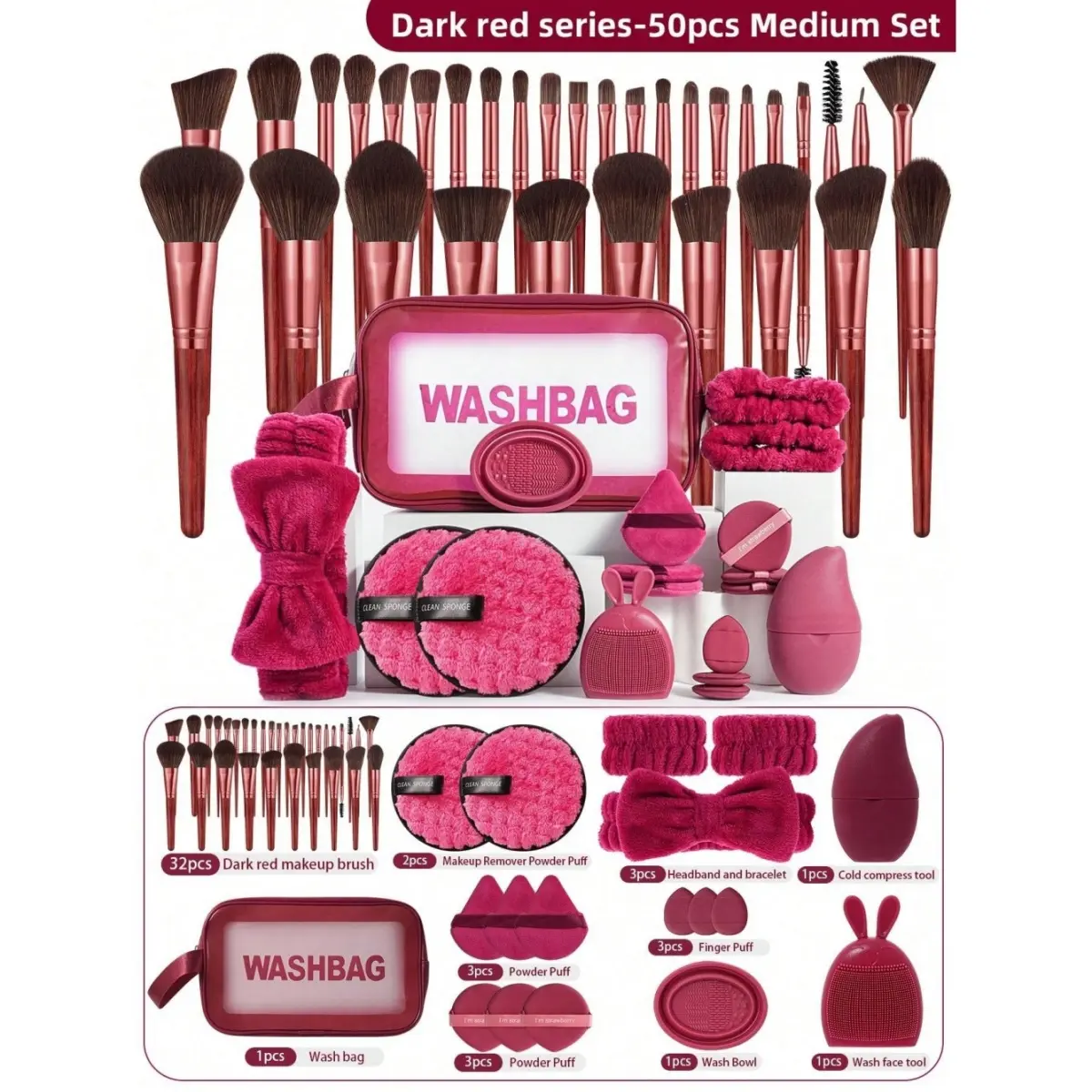Premium Dark Red Medium Synthetic Fibers On-The-Go Makeup Brushes Set & Kits, Multi-Type Puffs, Plush Bow Hairband, Wristbands, Silicone Wash Basin, Face & Cold Compress Tools, Transparent Washbag For Daily Full Face & Travel Use