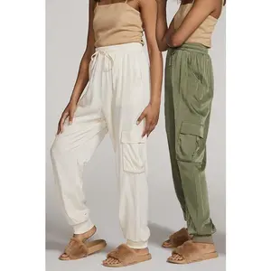 Textured Satin Cargo Pants - Minimalist Sports Style with Elastic Waist Drawstring & Side Cargo Pockets - All Seasons Basic Bottom for Womenswear Casual Cotton - Ribbed Cuff & Front Pockets - 65% Poly 35% Cotton Blend