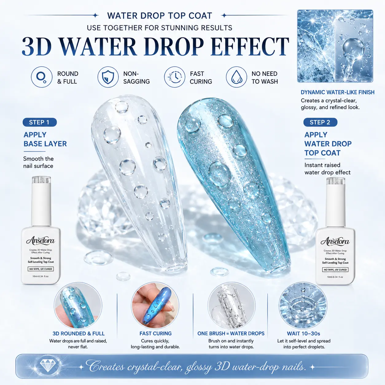 Anselora 3D Water Drop Gel Top Coat Set (2×10ml) – No Wipe Raindrop Gel for High Gloss 3D Nail Art Manicure, Water Droplet Effect Nail Polish, DIY Drip Nails, UV/LED Gel Polish,TikTokShopBackToSchool sohochic, Cosmetic, Salon, Glossy
