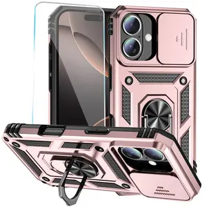 For iPhone 14/iPhone 16e Phone Cover Built in Slide Camera Lens Cover+Screen Protector,Heavy Duty Shockproof Full Body PhoneCase with Finger Ring Holder Kickstand,Red