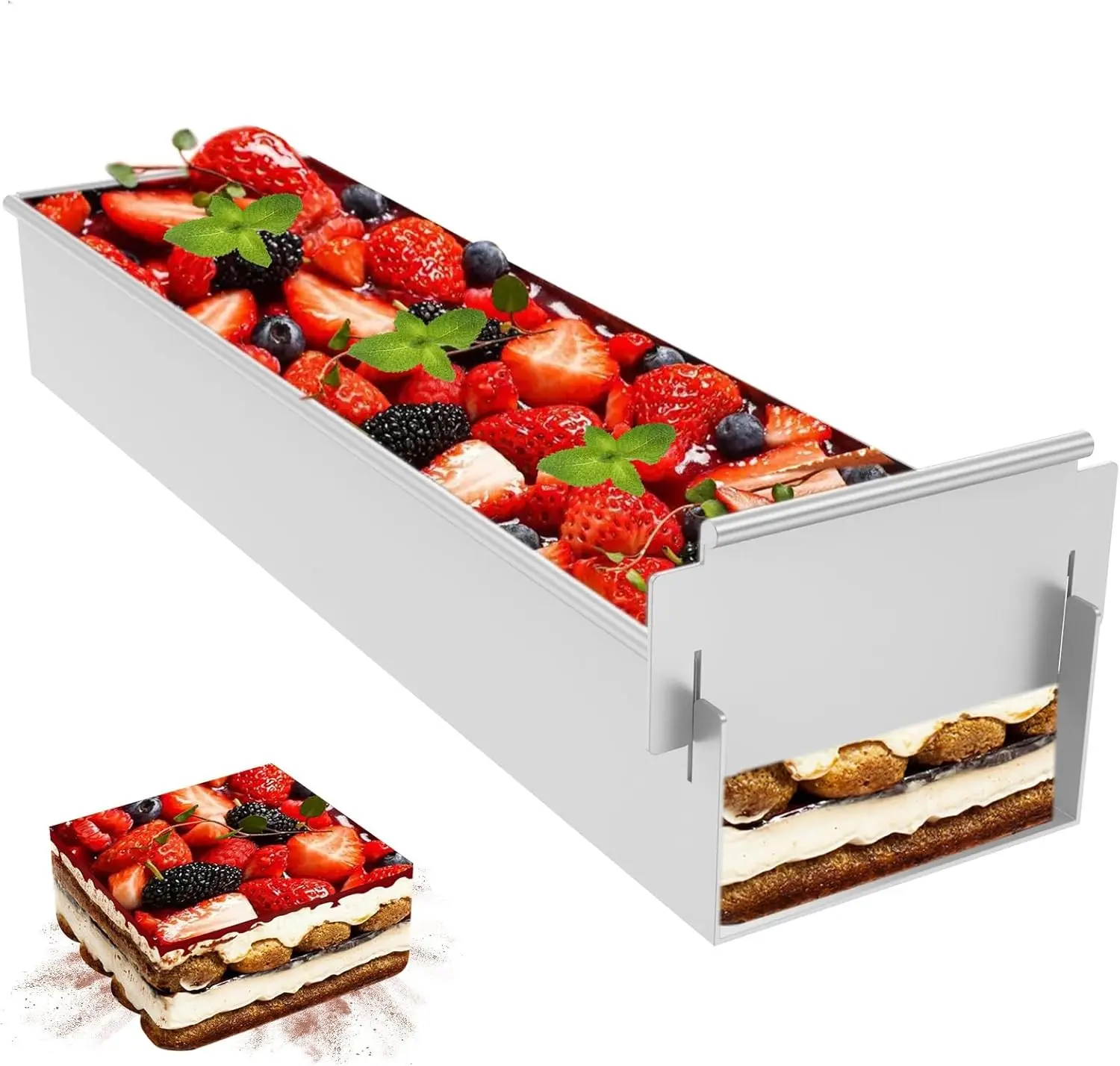 Rectangular Cake Pan with Removable Short Frame, 16.4 * 3.9 * 2.3 Inch Long Baking Mold Ideal for Tiramisu, Lasagna, Cheesecake and Cold Desserts