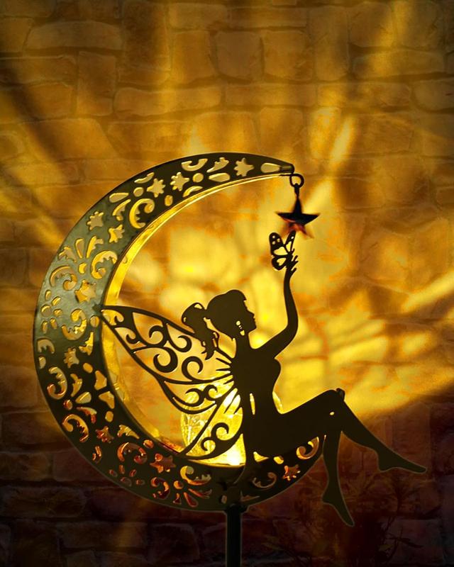 Solar Garden Statues Outdoor Decor Fairy Moon Figurine Light Stake, Housewarming Ornament for Patio, Lawn, Yard, Pathway, Unique Gift Ideas for Gardening Mom Grandma
