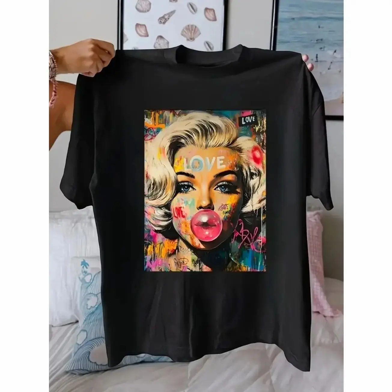 Graffiti Art Marilyn Monroe T-shirt Women's Pink Bubble Gum Print Everyday Statement Casual Top Summer Casual Tee Shirts D6M